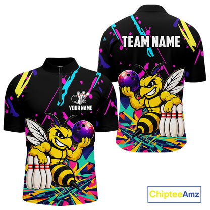 Colorful bowling quarter zip shirt with bee design and customizable your name & team name