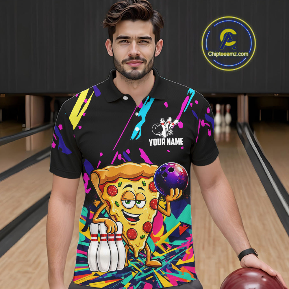 Man wearing a colorful bowling-themed shirt with a  pizza graphic in a bowling alley.