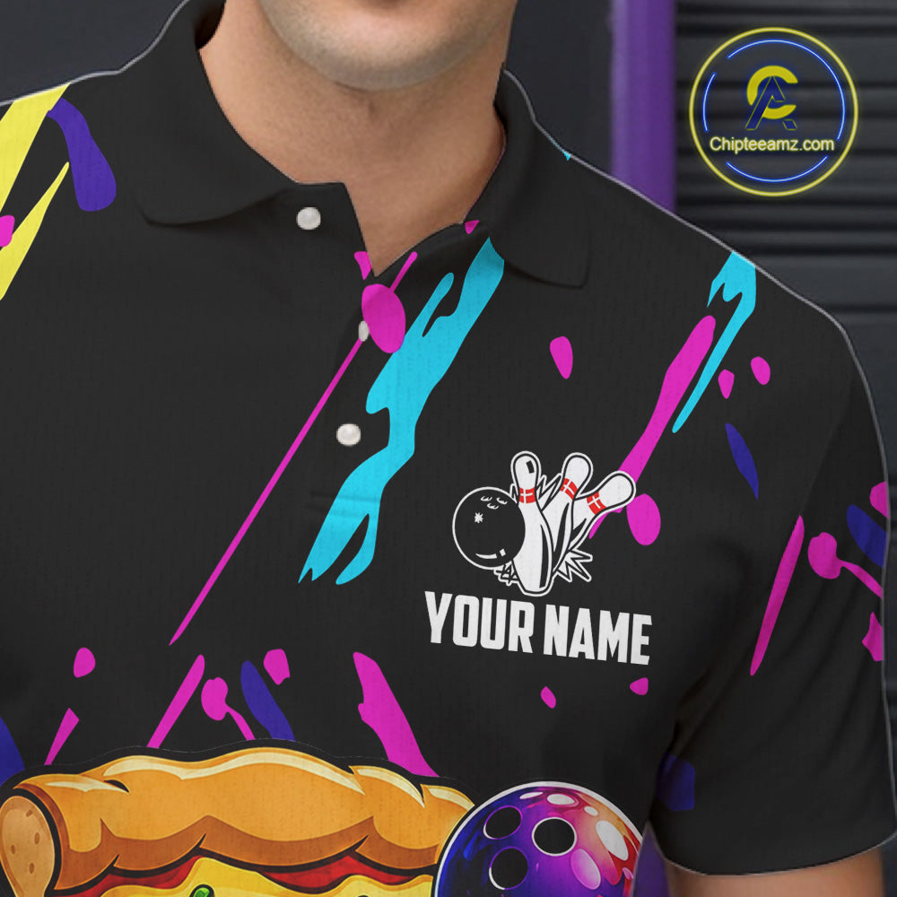 Black bowling polo shirt with colorful designs and a pizza graphic, featuring 'Your Name' text, on a dark background.