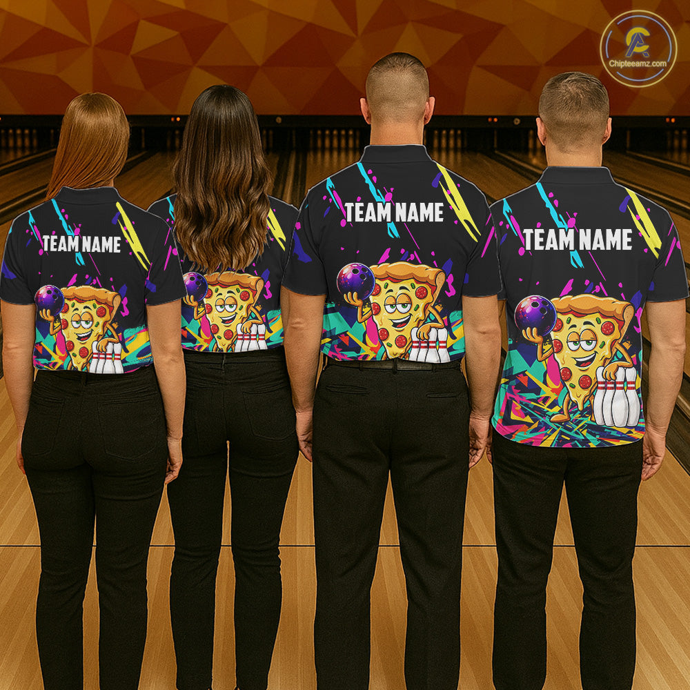 Four people wearing matching shirts with a pizza graphic and 'TEAM NAME' text on a bowling alley background.
