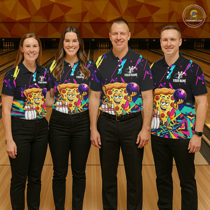Four people wearing matching bowling-themed shirts with pizza graphic in a bowling alley.