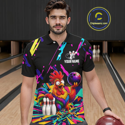 Man wearing a colorful bowling-themed shirt with a  chicken graphic in a bowling alley.