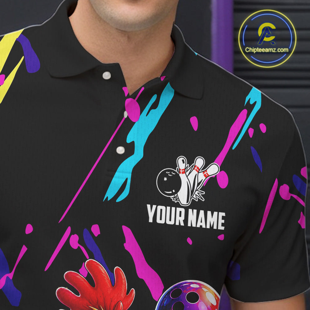 Black polo shirt with colorful designs and a bowling graphic, featuring 'Your Name' text, on a dark background.