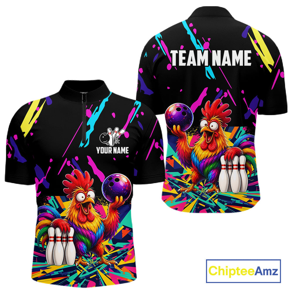 Colorful bowling quarter zip shirt with  chicken design and customizable your name & team name