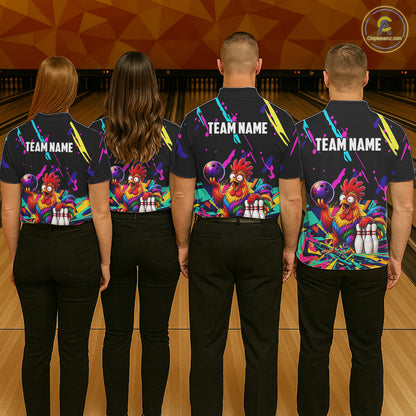Four people wearing matching shirts with a  chicken graphic and 'TEAM NAME' text on a bowling alley background.