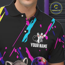 Load image into Gallery viewer, Black polo shirt with colorful designs and a bowling graphic, featuring 'Your Name' text, on a dark background.