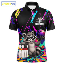 Load image into Gallery viewer, Colorful bowling polo shirt with raccoon design and customizable your name &amp; team name