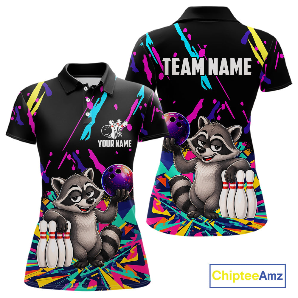 Colorful bowling polo shirt with raccoon design and customizable your name & team name