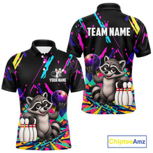 Load image into Gallery viewer, Colorful bowling polo shirt with raccoon design and customizable your name &amp; team name