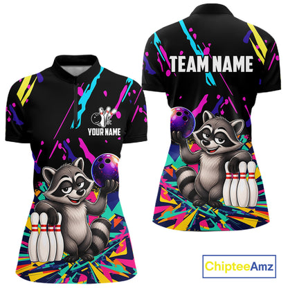 Colorful bowling quarter zip shirt with raccoon design and customizable your name & team name