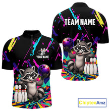 Load image into Gallery viewer, Colorful bowling quarter zip shirt with raccoon design and customizable your name &amp; team name