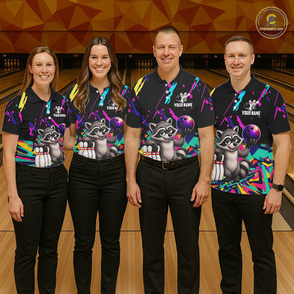 Four people wearing matching bowling-themed shirts with raccoon graphic in a bowling alley.