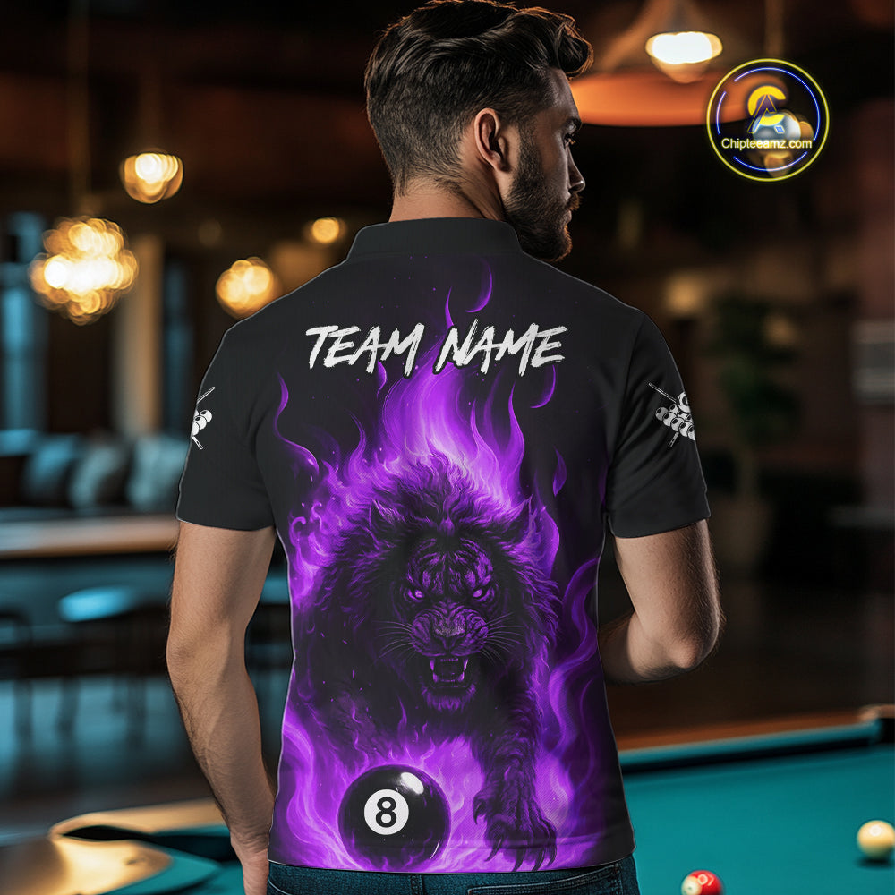 Purple Flaming Lion 8 Ball Billiard Shirts For Men Custom Fire Billiard Team Jersey Polo & 1/4 Zip TDM5307