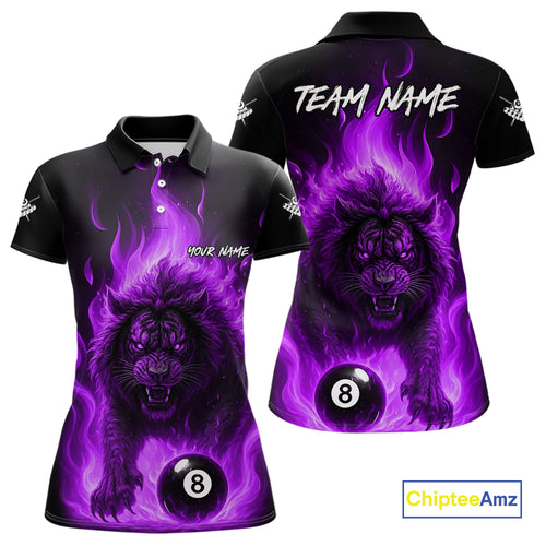 Purple Flaming Lion 8 Ball Billiard Shirts For Women Custom Fire Billiard Team Jersey Polo & 1/4 Zip TDM5307