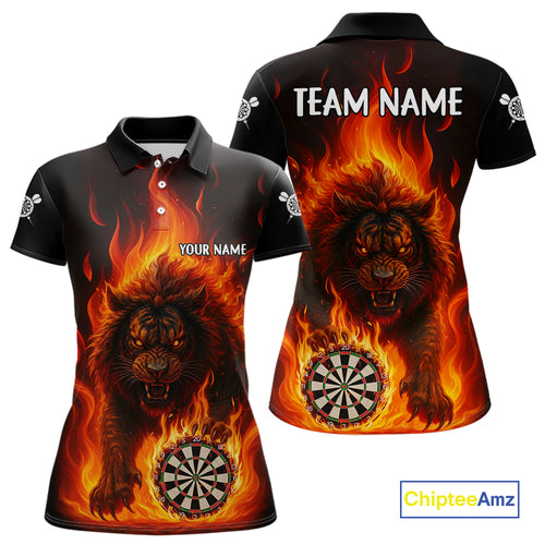 Orange Flaming Lion Darts Shirts For Women Custom Fire Darts League Jersey Team Polo & 1/4 Zip TDM5308