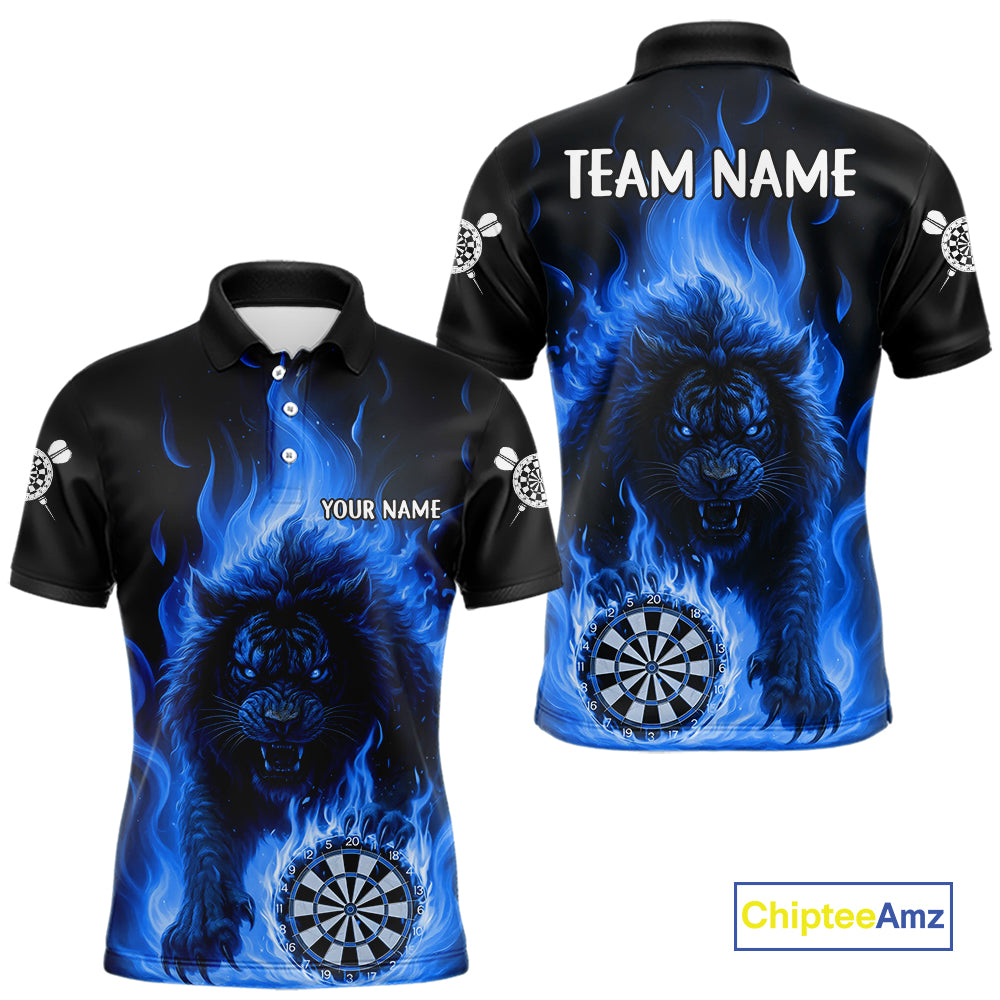 Blue Flaming Lion Darts Shirts For Men Custom Fire Darts League Jersey Team Polo & 1/4 Zip TDM5309