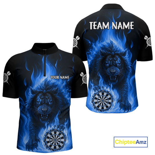Blue Flaming Lion Darts Shirts For Men Custom Fire Darts League Jersey Team Polo & 1/4 Zip TDM5309
