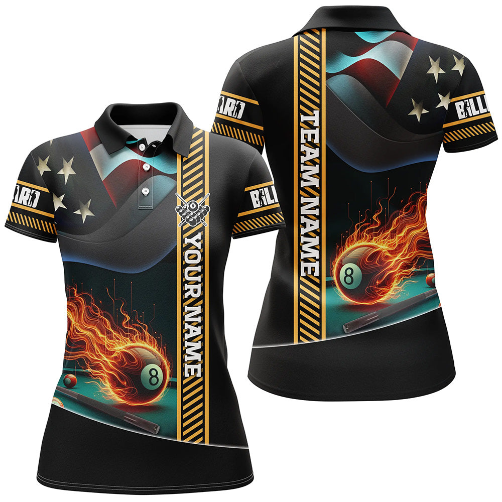 Personalized American Flag Flaming 8 Ball Pool Women Polo Shirts, Patriotic Billiard Attire Jerseys TDM1139