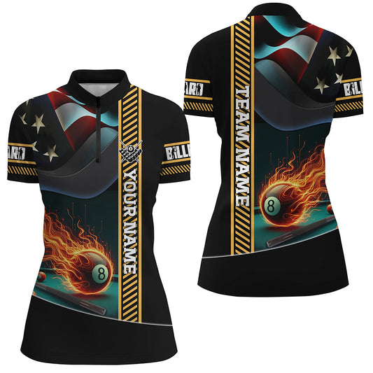 Custom US Flag Flame 8 Ball Pool Women Quarter-Zip Shirts, Patriotic Billiard Attire Jerseys TDM1139