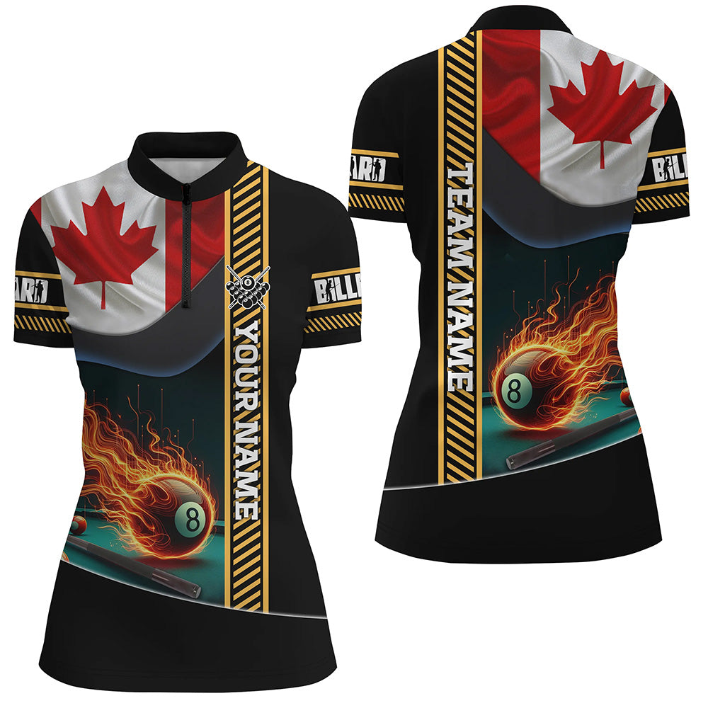 Customized Canada Flag Flame 8 Ball Pool Women Quarter-Zip Shirt, Patriotic Billiard Jerseys TDM1140