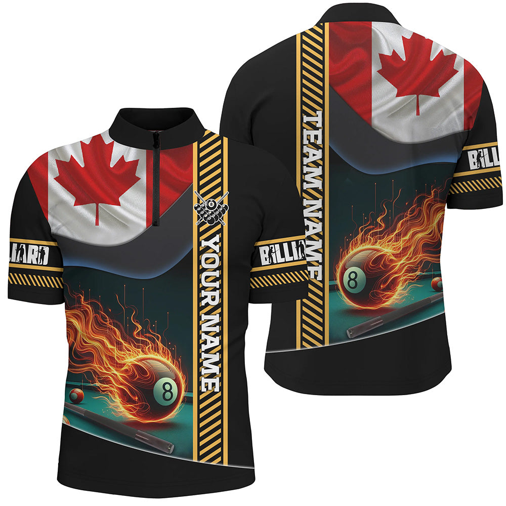 Customized Canada Flag Flame 8 Ball Pool Men Quarter-Zip Shirt, Patriotic Billiard Jerseys TDM1140