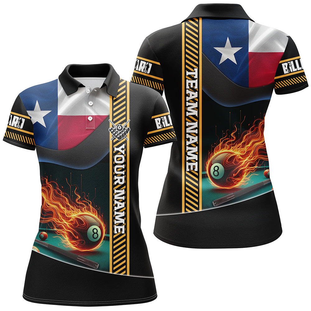 Personalized Texas Flag Flaming 8 Ball Pool Women Polo Shirts, Patriotic Billiard Attire Jerseys TDM1141