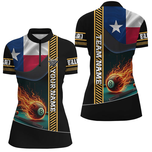 Customized Texas Flag Flame 8 Ball Pool Women Quarter-Zip Shirt, Patriotic Billiard Jerseys TDM1141