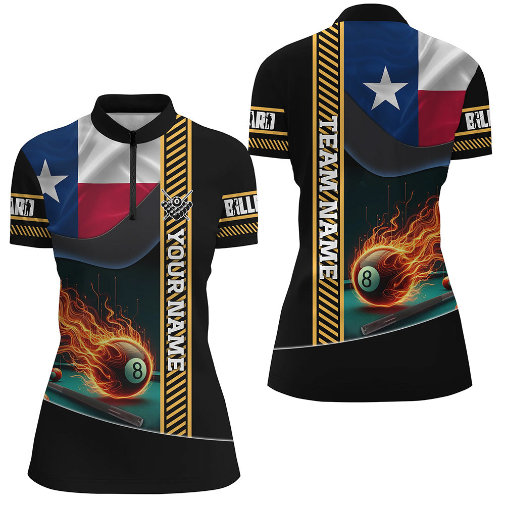Customized Texas Flag Flame 8 Ball Pool Women Quarter-Zip Shirt, Patriotic Billiard Jerseys TDM1141