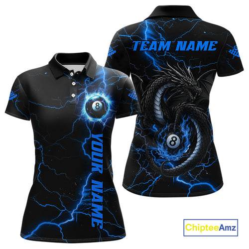 Black And Blue 8 Ball Thunder Lightning Custom Dragon Women's Billiard Shirts, Billiard Team Jerseys TDM4071