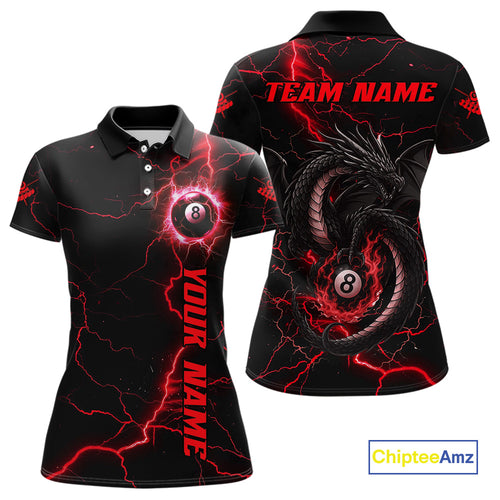 Black And Red 8 Ball Pool Lightning Custom Dragon Women's Billiard Shirts, Billiard Team Jerseys TDM4073