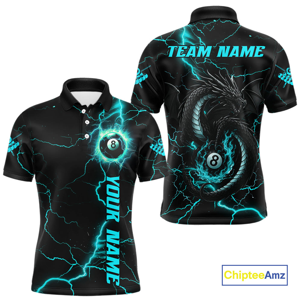 Black And Turquoise 8 Ball Lightning Custom Dragon Men's Billiard Shirts, Billiard Team Jerseys TDM4072