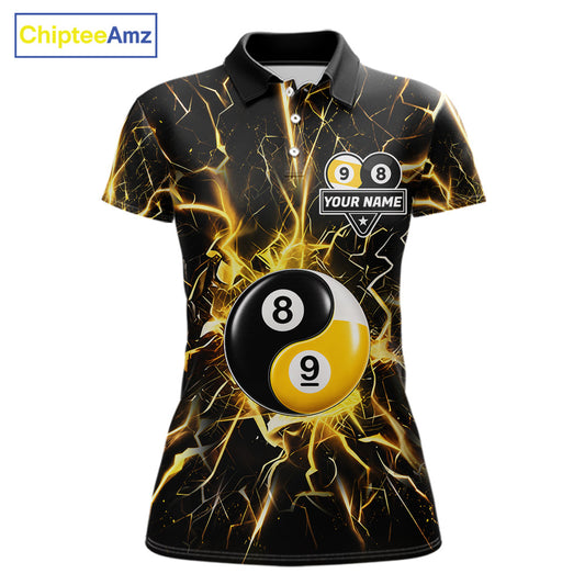 Black polo shirt with yellow lightning design and 8 ball 9 ball graphic, customizable name and team name