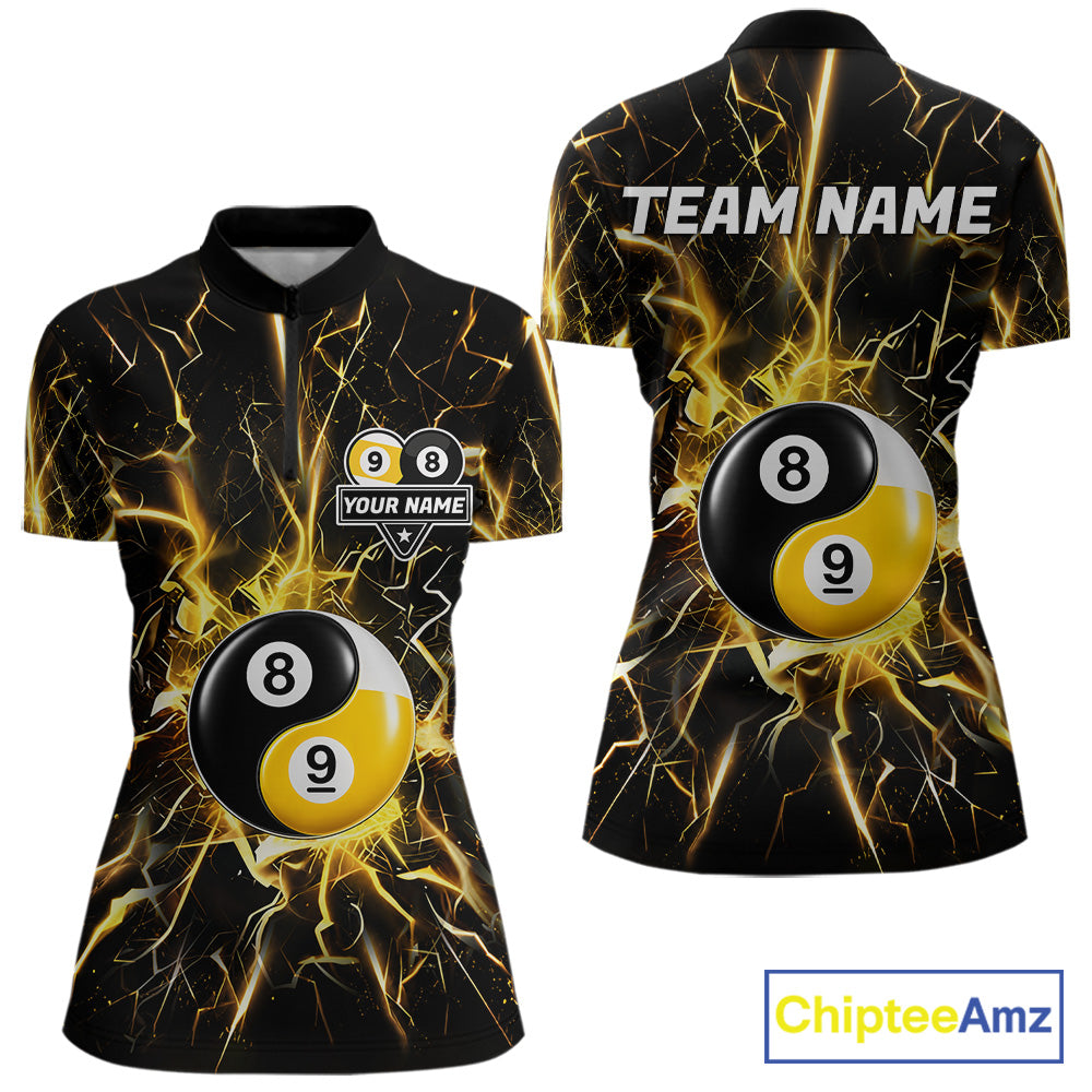 Black quarter zip shirt with yellow lightning design and 8 ball 9 ball graphic, customizable name and team name