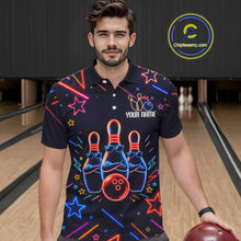 Load image into Gallery viewer, Man wearing a blue funny neon bowling polo shirt front view, custom bowling league jersey for men.