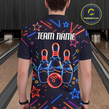 Load image into Gallery viewer, Back view of man wearing a blue funny neon bowling polo shirt, custom bowling team jersey design.