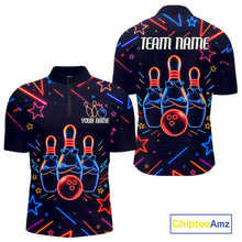 Load image into Gallery viewer, Blue funny neon quarter zip bowling shirt for men, custom bowling team jersey and tournament apparel.