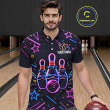 Load image into Gallery viewer, Man wearing a purple funny neon bowling polo shirt front view, custom bowling league jersey for men.