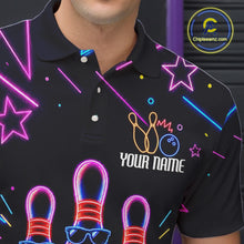 Load image into Gallery viewer, Close up of collar, chest and button details on a purple funny neon men's bowling polo shirt.