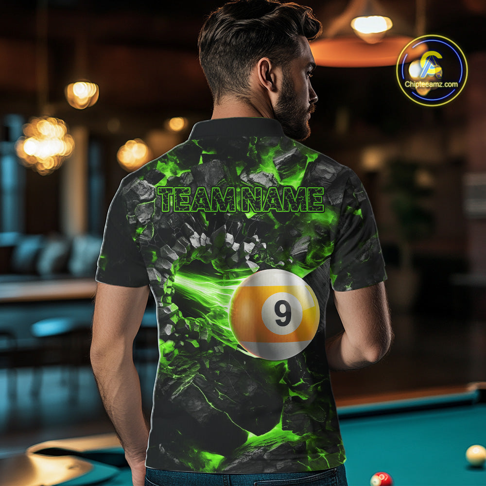 Man Wearing Personalized Green 8 Ball 9 Ball Fire Custom Pool Team Jersey Featuring the Complete Rear Graphic Design, Back View