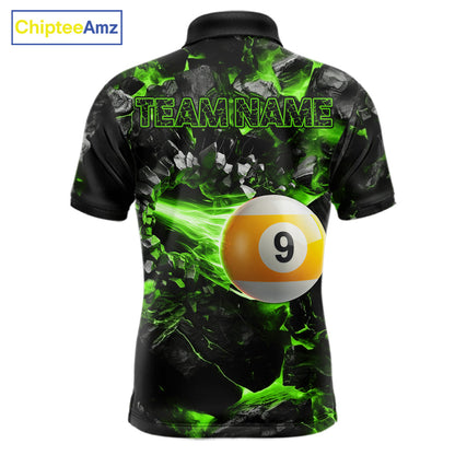 Custom Green 8 Ball 9 Ball Fire Pool Polo Shirt Designed for Personalized Billiard Team Jerseys with Premium Athletic Performance, Bold Fire Graphics, and Professional League Style
