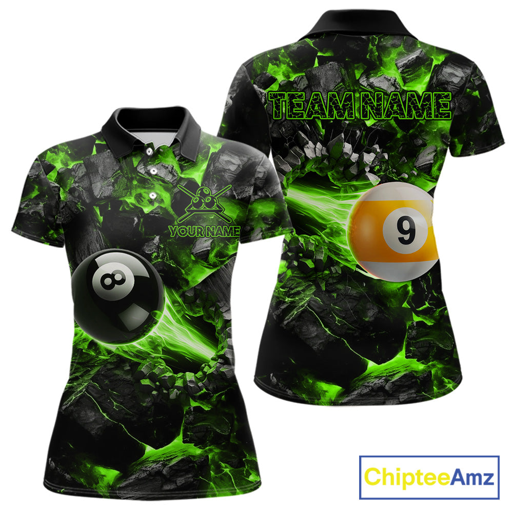 Personalized Green 8 Ball 9 Ball Fire Billiard Polo Shirt Featuring Intense Flame Artwork for Pool League Players, Team Competition, and Tournament Events