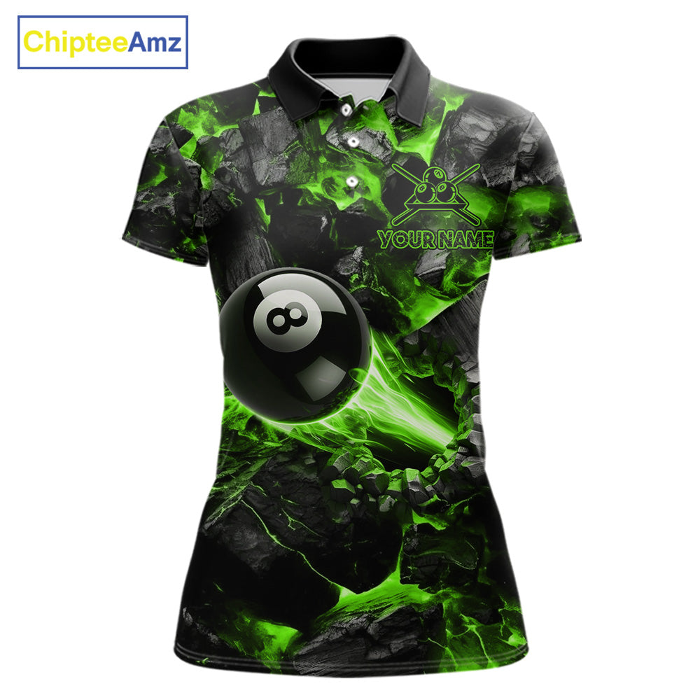 Personalized Green 8 Ball 9 Ball Fire Billiard Polo Shirt Featuring Intense Flame Artwork for Pool League Players, Team Competition, and Tournament Events