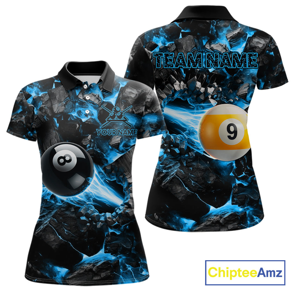 Personalized Blue 8 Ball 9 Ball Fire Billiard Polo Shirt Featuring Bold Flame Artwork for Pool League Players, Team Competition, and Tournament Events