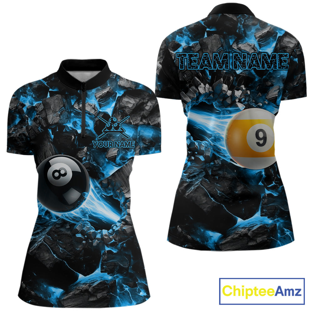 Personalized Blue 8 Ball 9 Ball Fire Quarter Zip Billiard Shirt Created for Competitive Pool League Teams with Performance Fabric and Tournament Ready Comfort