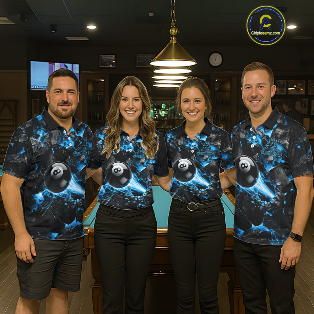 Pool Team Wearing Personalized Blue 8 Ball 9 Ball Fire Billiard Jerseys During League Competition and Tournament Matches, Front View