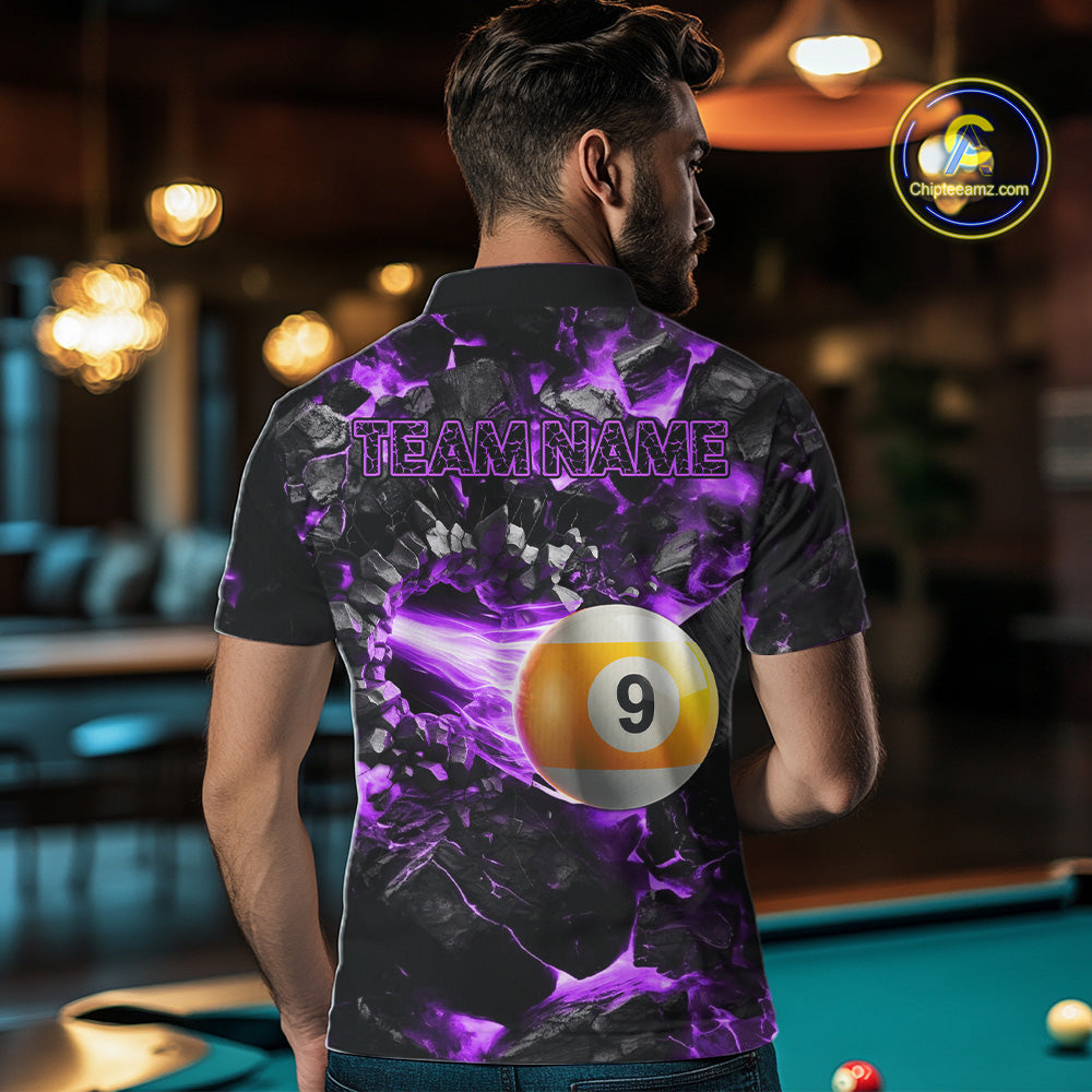 Man Wearing Personalized Purple 8 Ball 9 Ball Fire Custom Pool Team Jersey Featuring the Complete Rear Graphic Design, Back View