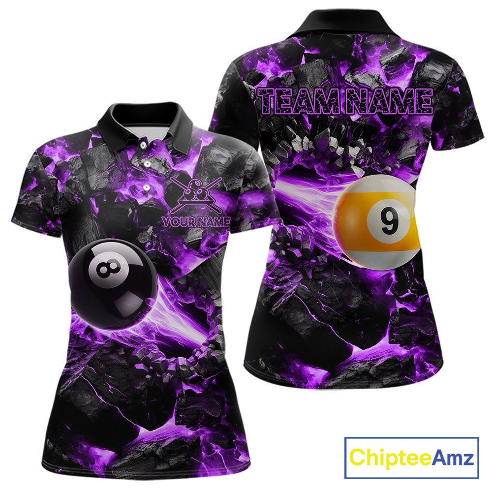 Personalized Purple 8 Ball 9 Ball Fire Billiard Polo Shirt Featuring Vibrant Flame Artwork for Pool League Players, Team Competition, and Tournament Events