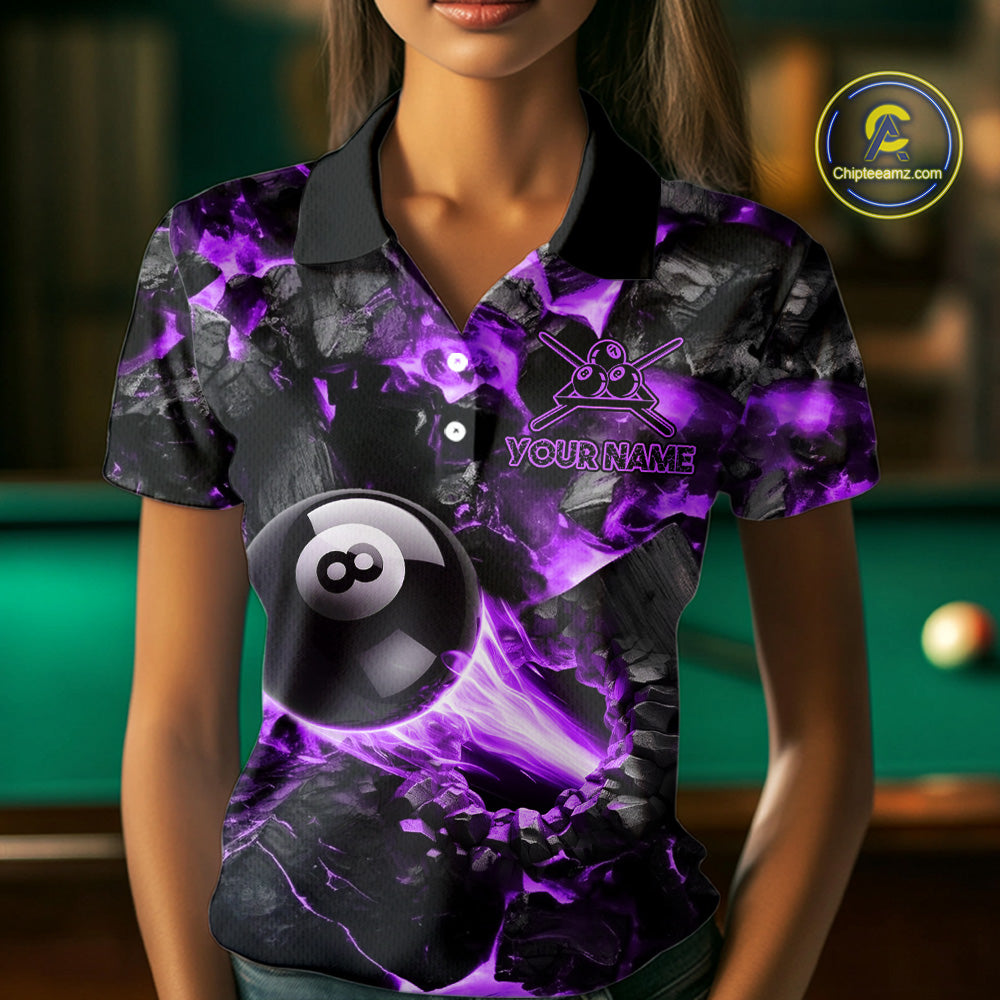 Woman Wearing Personalized Purple 8 Ball 9 Ball Fire Billiard Polo Shirt with Athletic Performance Fit and Dynamic Flame Graphic Artwork, Front View