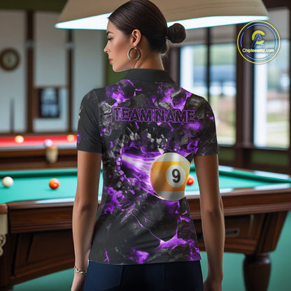 Woman Wearing Personalized Purple 8 Ball 9 Ball Fire Custom Pool Team Jersey Featuring the Complete Rear Graphic Design, Back View
