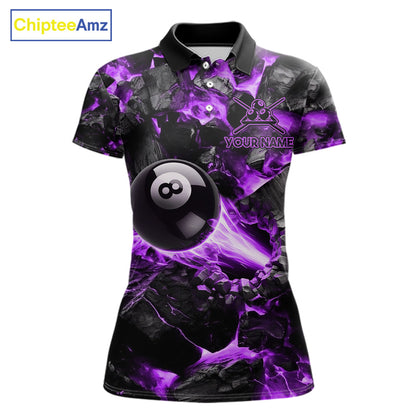Personalized Purple 8 Ball 9 Ball Fire Billiard Polo Shirt Featuring Vibrant Flame Artwork for Pool League Players, Team Competition, and Tournament Events